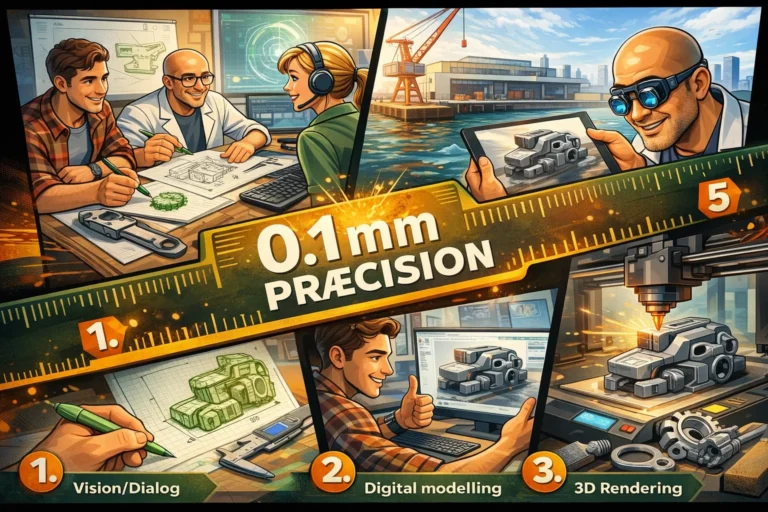 Illustration i moderne tegneseriestil der viser hele 3D model processen fra første skitse til færdigt 3D print. Scener visualiserer dialog og idéfase, digital CAD modellering, 3D rendering, selve 3D printet og efterbehandling. Fokus på præcision ned til 0,1 mm og professionel 3D produktion i Odense