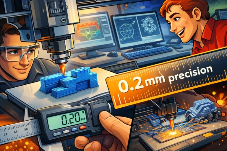 Illustration i moderne tegneseriestil der viser de grundlæggende principper for 3D print. En 3D printer opbygger et emne lag for lag mens præcisionsmåling, slicer-software og digital model visualiserer hvordan man opnår nøjagtighed ned til 0.2 mm i professionelt 3D print i Odense