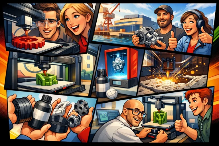 Farverig tegneserieillustration der viser hele processen bag 3D print – fra digital model og materialer til færdige 3D printede dele. Flere scener viser FDM printer i arbejde, avancerede materialer, industriel produktion og glade brugere i et moderne 3D print miljø i Odense