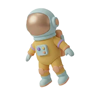 En lille 3D-figur af en astronaut i en gul dragt med en lyseblå hjelm