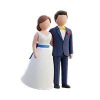 En 3D-illustration af et brudepar; bruden i hvid kjole med et blåt bælte og gommen i mørkeblå habit med gul butterfly