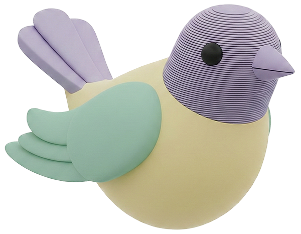 En stiliseret 3D-illustration af en lille fugl i pastelfarver med en lilla krop, gult bryst og lysegrønne vinger