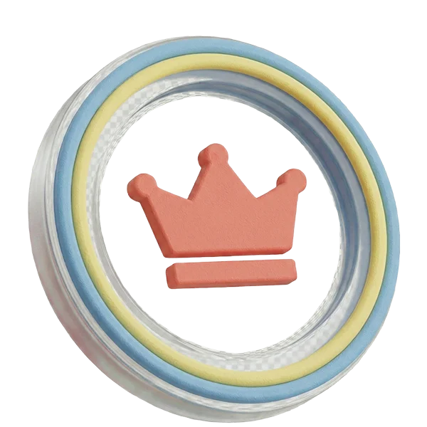 Et gennemsigtigt, cirkulært 3D-ikon med en blå og gul kant, der indeholder en rød krone i midten