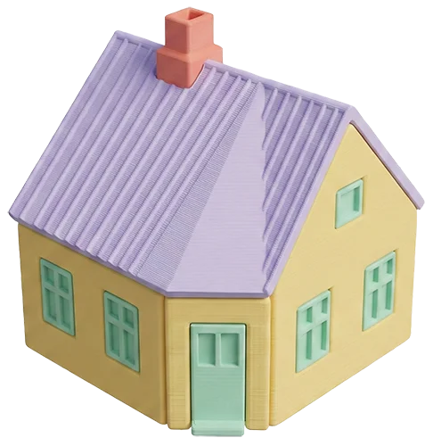 En 3D-illustration af et klassisk gult hus med lilla tag, grønne vinduer og dør samt en orange skorsten