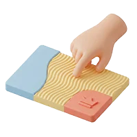 En 3D-hånd, der rører ved en struktureret flade med bølgemønster, opdelt i blå, gule og røde felter med et krone-symbol