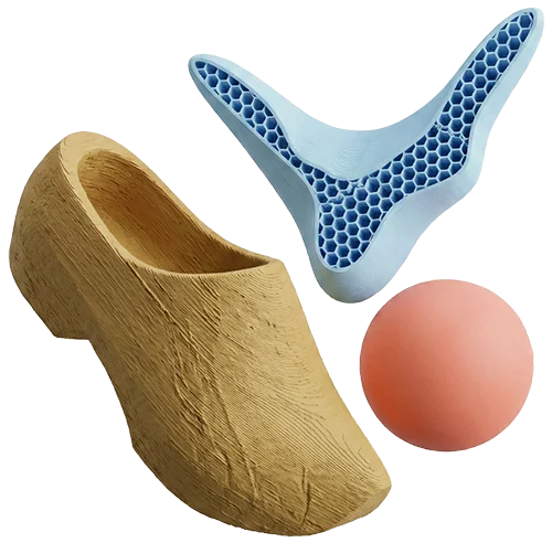 D-illustration af en gul træsko med tydelig trætekstur, en lyseblå organisk form med bikagestruktur (infill) og en glat ferskenfarvet kugle