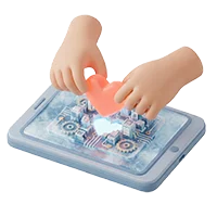 To 3D-hænder placerer et lyserødt hjerte på en tablet, der viser et teknisk kredsløb med tandhjul