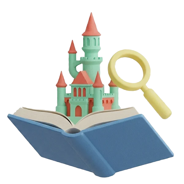 En åben blå bog, hvorfra et grønt og rødt slot vokser op, ved siden af et gult forstørrelsesglas