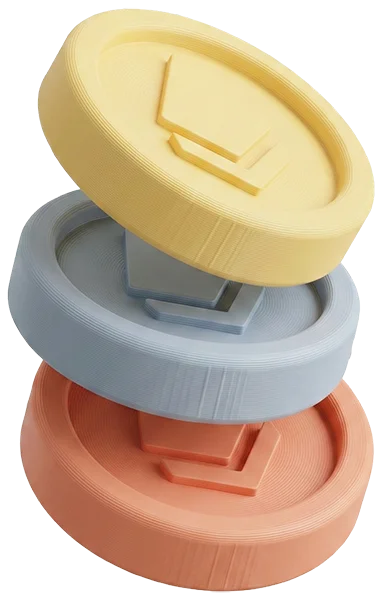 Tre store 3D-mønter i farverne gul, lyseblå og orange, der svæver stabilt over hinanden