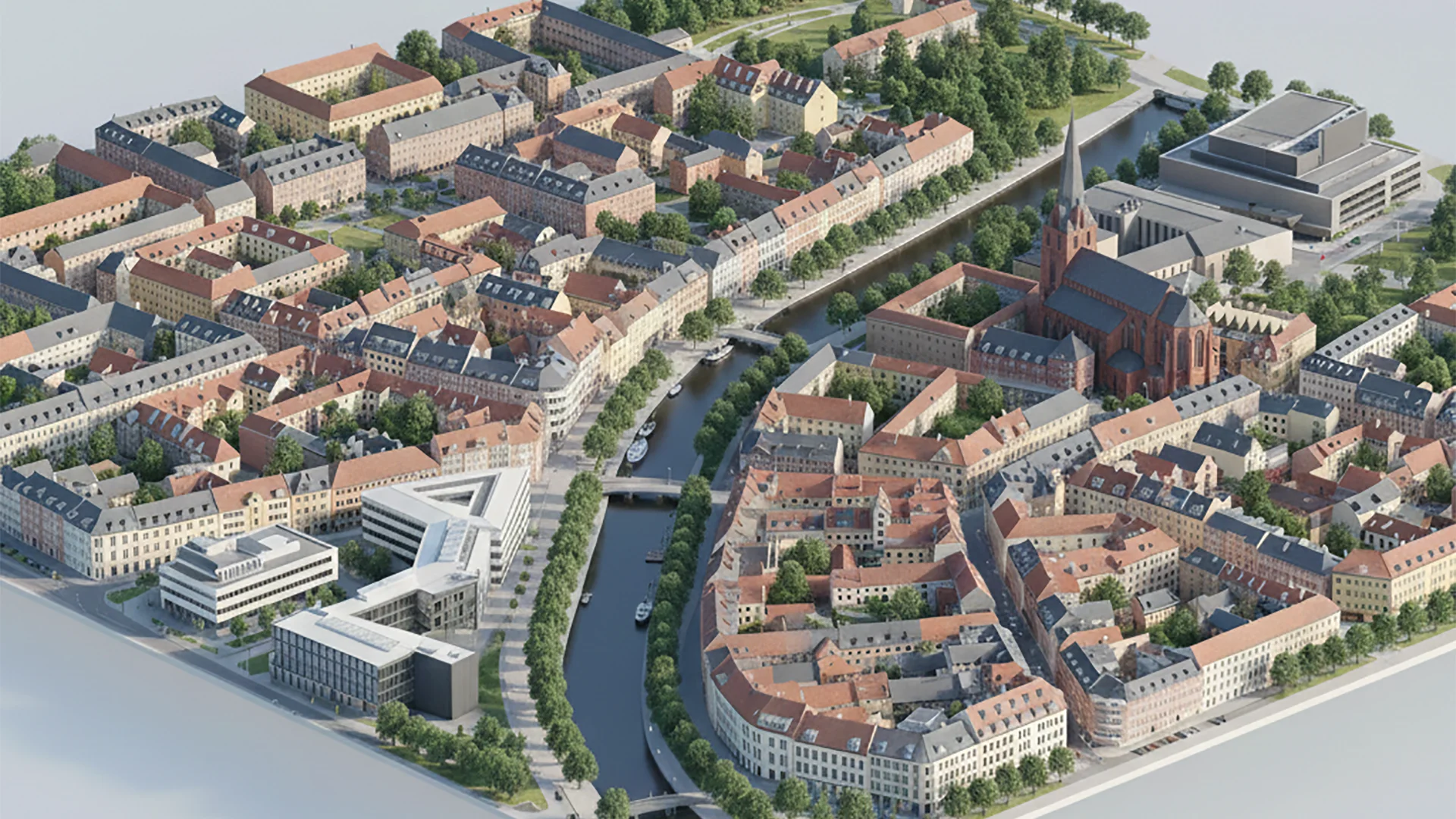 En omfattende 3D-bygningsmodel af Odense centrum, der viser domkirken, åen og byens tætte arkitektur i fotorealistisk stil
