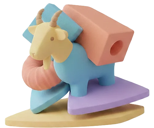 En 3D-illustration af en lyseblå ged, der er sammensat af og balancerer mellem forskellige geometriske former i pastelfarver