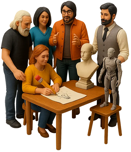 En 3D-illustration af et tværfagligt team samlet omkring et bord, hvor en kvinde tegner en pære-idé, mens andre ser på en buste og en robotfigur