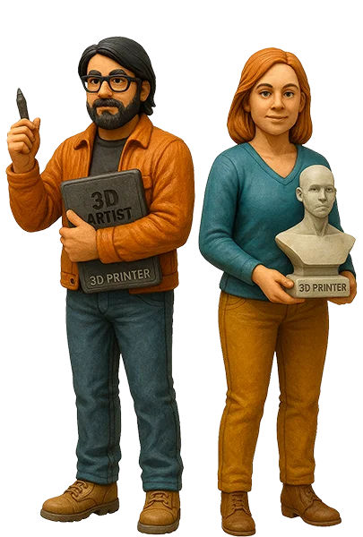 En 3D-illustration af to partnere; en mand med briller og skæg, der holder en "3D Artist"-tavle, og en kvinde, der holder en buste med teksten "3D Printer"