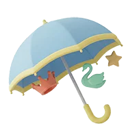 En lyseblå 3D-paraply med en gul kant, hvorfra en rød krone, en grøn svane og en gul stjerne svæver