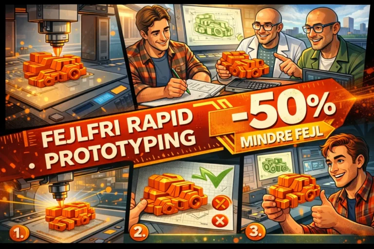 Illustration i moderne tegneseriestil der viser produktudvikling med rapid prototyping og 3D print. Motivet visualiserer hurtig iteration fra digital CAD model til fysisk prototype, kvalitetstest og forbedret design. Fokus på færre fejl, hurtigere udvikling og professionel 3D produktion i Odense