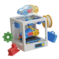 En hvid 3D-printer i fuld gang med at printe en lille bil i blå, røde og gule farver, omgivet af ikoner for industri og forretning