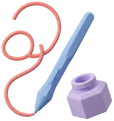 En 3D-illustration af en lyseblå digital tegnepind, der tegner en orange krusedulle, ved siden af et lilla blækhus