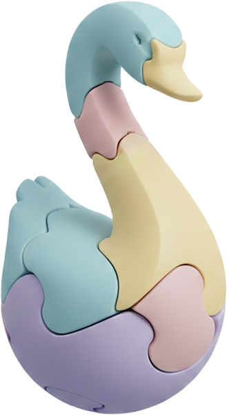 En 3D-illustration af en svane udformet som et puslespil i pastelfarverne lyseblå, lyserød, gul og lilla