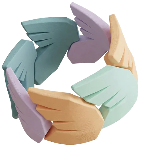 En cirkulær formation af 3D-fuglevinger i forskellige pastelfarver som blå, lilla, orange og grøn