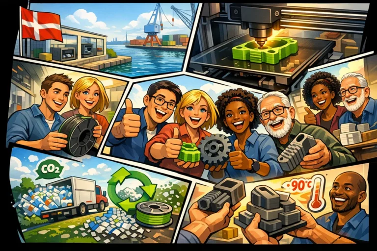 3D print med genbrugsplast i Odense med lokale produktionsmiljøer, cirkulær plast, CO2-reduktion og tekniske komponenter op til 90 grader