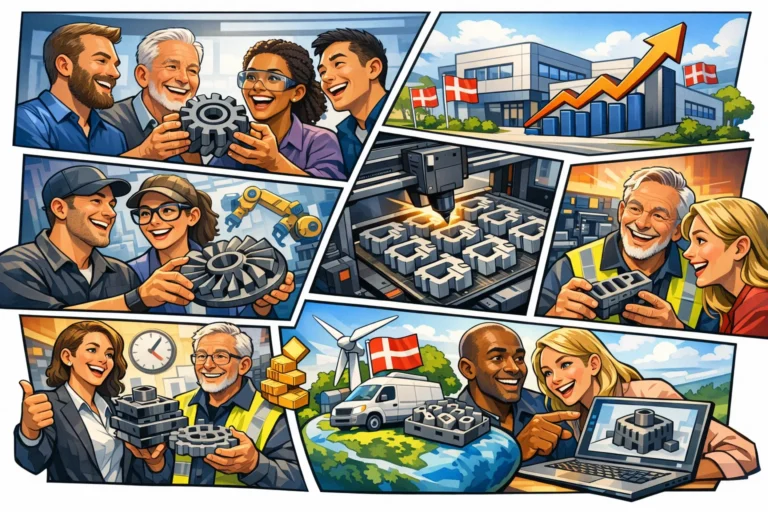 Illustration der viser hvordan en produktionsvirksomhed i Odense bruger industriel 3D print til prototyping, lokal produktion og udvikling af komponenter