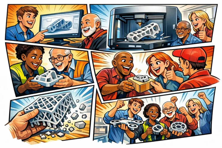 Tegneserieillustration af virksomheder, der udvikler 3D print prototyper i Odense med digitalt design, 3D printer, testmodeller og færdige emner