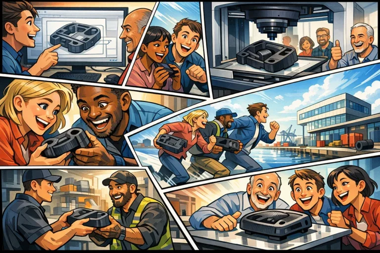 Tegneserieillustration af team i Odense, der bruger 3D print til hurtig produktudvikling og kortere time-to-market